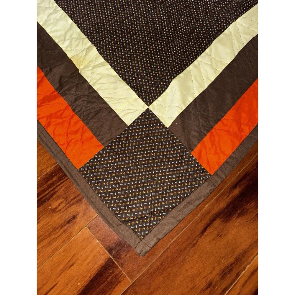 Vintage Handmade Lone Star Quilt Brown Orange Hand Quilted Bedspread Queen Large